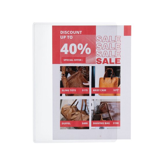 Retail sale flyer with bag prices partly slid into the open side of a clear Marbig A5 PVC document protector