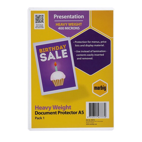 Marbig Presentation Heavy Weight Document Protector A5 card reading 400 microns and Pack 1, on the clear rigid sleeve