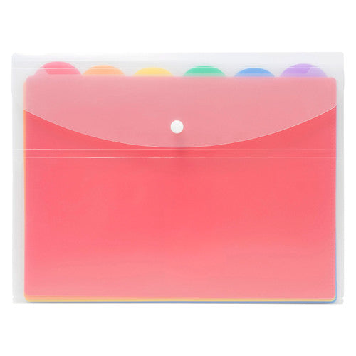 Marbig A4 document wallet with a translucent flap and white press stud, six coloured round file tabs showing along the top edge