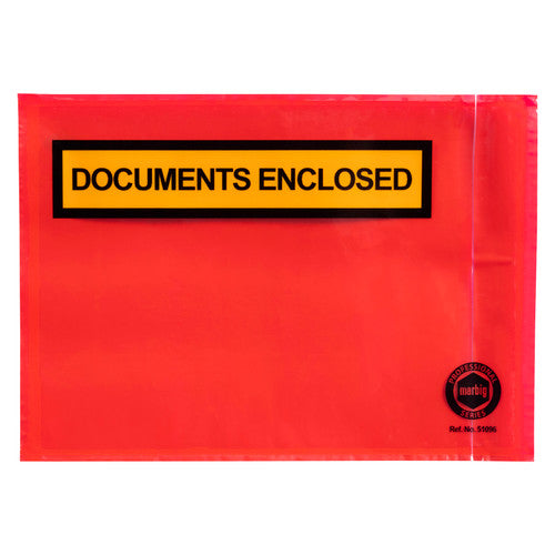 Red Marbig Professional packaging envelope with a yellow panel printed Documents Enclosed and a Professional Series roundel lower right
