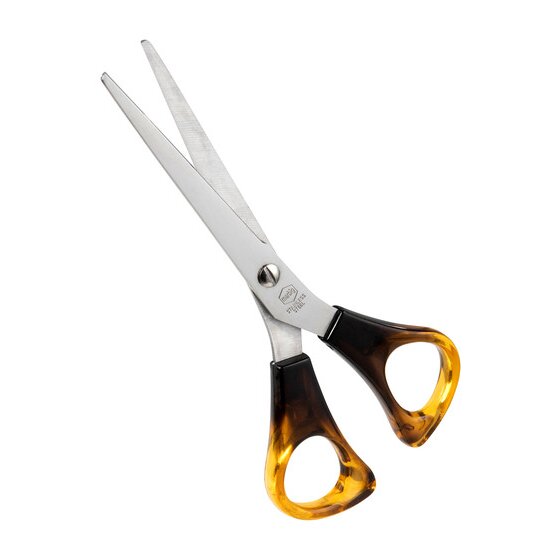 Marbig 975450 Dura Sharp 158mm scissors opened slightly, straight stainless steel blades and translucent amber and brown handles