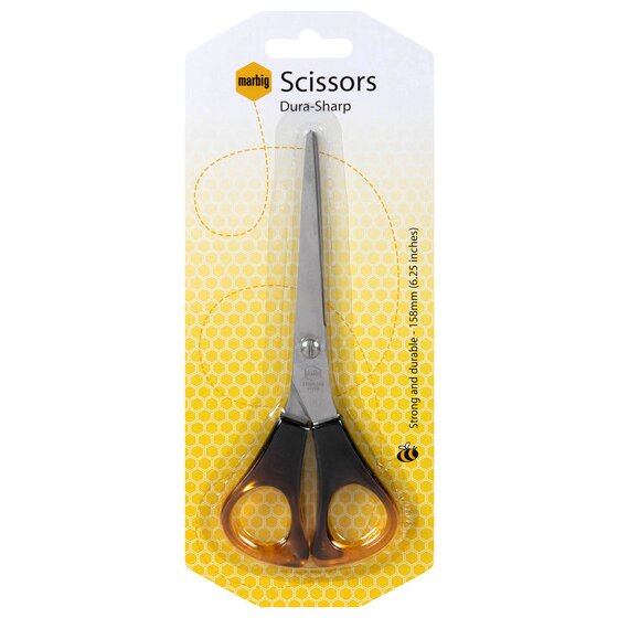 Marbig Dura-Sharp scissors in a yellow honeycomb blister card printed Strong and durable 158mm, 6.25 inches