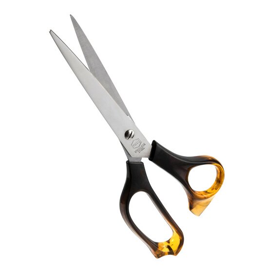 Marbig 975465 Dura Sharp 210mm scissors opened, long pointed stainless steel blades and black handles with amber tortoiseshell loops