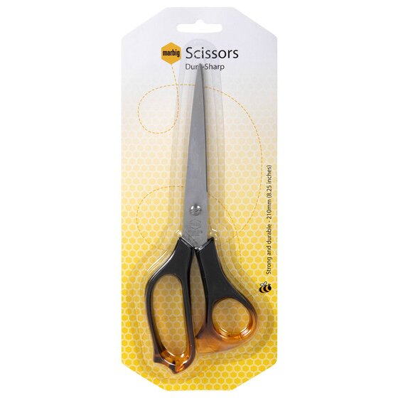 Marbig Scissors Dura-Sharp on a yellow blister card printed Strong and durable, 210mm, 8.25 inches