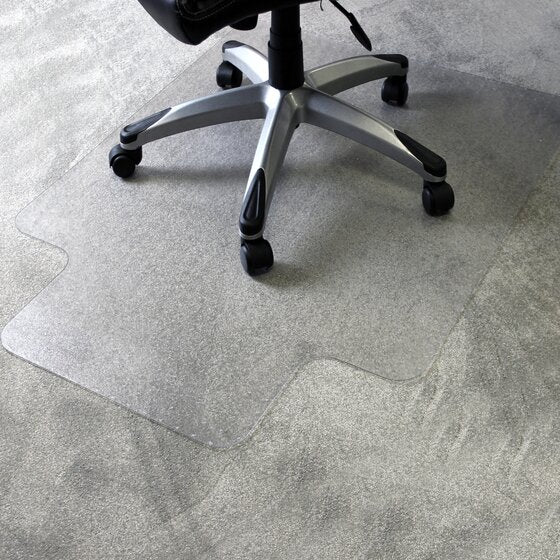 Chair base and castors on a clear Marbig Duramat keyhole chairmat laid on grey carpet