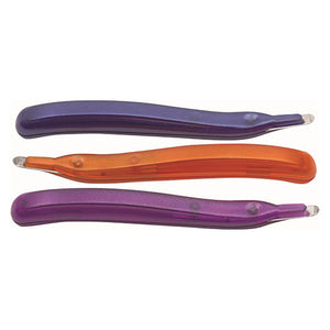 Three slim translucent Marbig Easy Glide staple removers in blue, orange and purple, each with a narrow tip