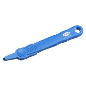 Flat blue Marbig Easy Glide staple remover with the Marbig logo, a ribbed grip area and a round hole at one end