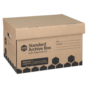 Brown Marbig Standard Archive Box with Attached Lid, closed, with the Medium Strength panel showing stacks up to 5 high and maximum load 25kg
