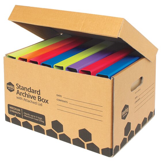 Marbig brown attached lid archive box standing open with coloured lever arch files lined up inside and a hand hole in the end