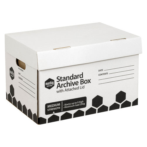 White Marbig Standard Archive Box with Attached Lid, closed, black hexagon print and a Medium Strength panel reading maximum load 25kg