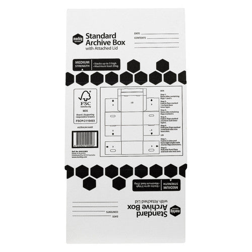 Unfolded base panel of the white Marbig archive box printed with a folding diagram, numbered steps and a barcode