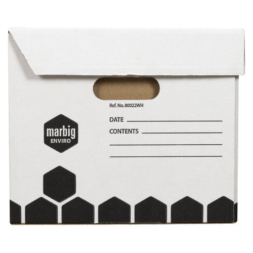 End panel of a white Marbig archive box with a hand hole, the Marbig Enviro logo and Ref No 80022WH