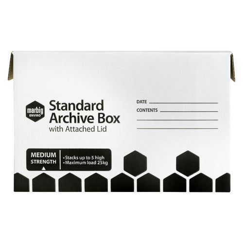 Front of a white Marbig attached lid archive box with ruled date and contents lines and the Medium Strength stacking panel