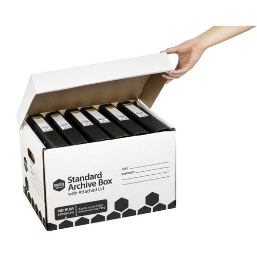 Hand lifting the hinged lid of a white Marbig archive box filled with black lever arch files