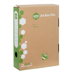 Marbig Enviro A4 box file in kraft board, closed, with green hexagon print, date and contents lines and a finger hole in the spine