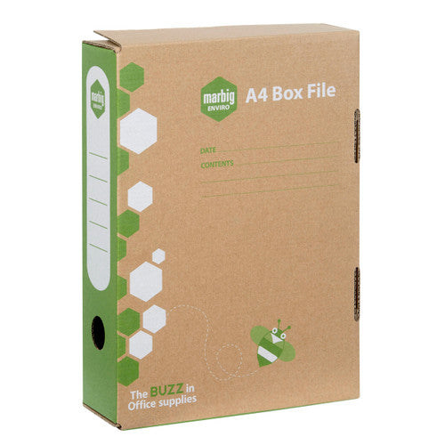 Marbig Enviro A4 box file in kraft board, closed, with green hexagon print, date and contents lines and a finger hole in the spine