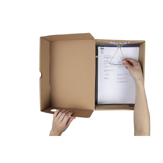Hand lifting the metal spring clip over a stack of A4 papers inside an open Marbig Enviro kraft box file