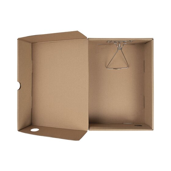Open Marbig Enviro kraft A4 box file, empty, with the metal spring clip fixed to the back wall and a thumb notch in the lid