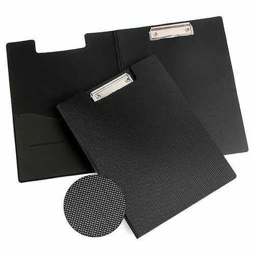 Two black Marbig Enviro clipfolders, one open to show the pocket inside the cover and one closed, with a close up of the diamond textured cover