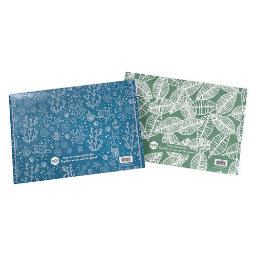 Back view of a sea blue and a leafy green Marbig Doculope wallet showing the printed patterns and barcode labels