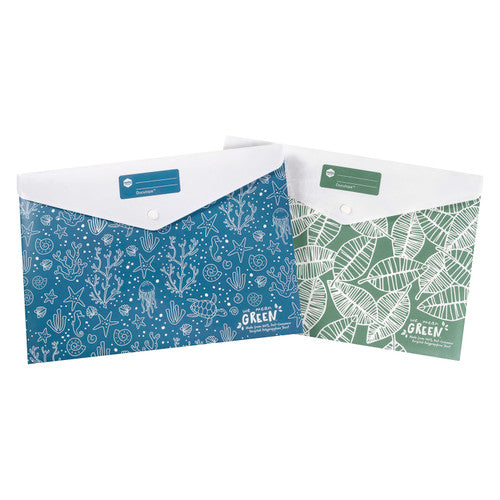 Two Marbig Enviro Doculope A4 document wallets, one sea blue with a shell and coral print and one leafy green with a leaf print, white flaps