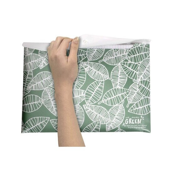 Hand lifting the flap of a leafy green Marbig Doculope A4 document wallet with white paper inside