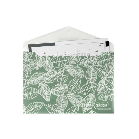 Leafy green Marbig Doculope wallet with its flap open and clipped A4 documents sliding inside
