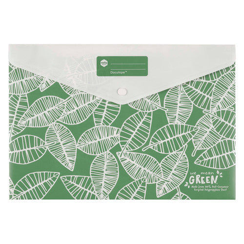 Marbig Doculope A4 wallet in leafy green covered in white outlined leaves, with a white flap, press stud and name panel