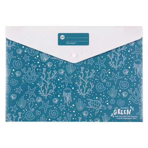 Marbig Doculope A4 wallet in sea blue printed with white starfish, shells and coral, white flap with press stud and name panel