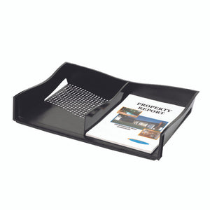Marbig 86610 black A3 document tray with centre divider fitted, a perforated panel on the left and an A4 property report in the right compartment