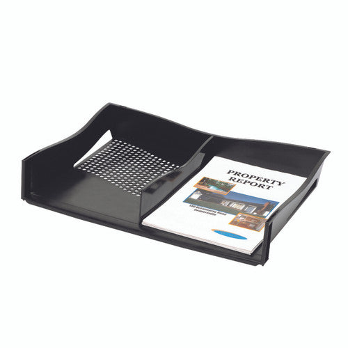 Marbig 86610 black A3 document tray with centre divider fitted, a perforated panel on the left and an A4 property report in the right compartment