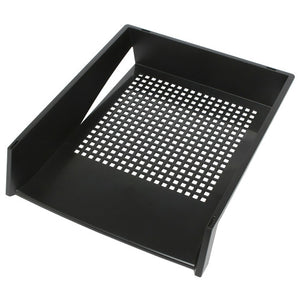 Marbig 86310 black portrait document tray with a grid of square holes in the base, tall back and sides sloping down to an open front