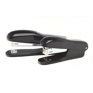Two black Marbig plastic staplers shown side on, one in front of the other, with chrome staple heads