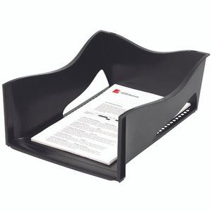 Marbig 86620 black jumbo document tray with high curved side walls and a cut away front, holding a stack of printed pages lying flat