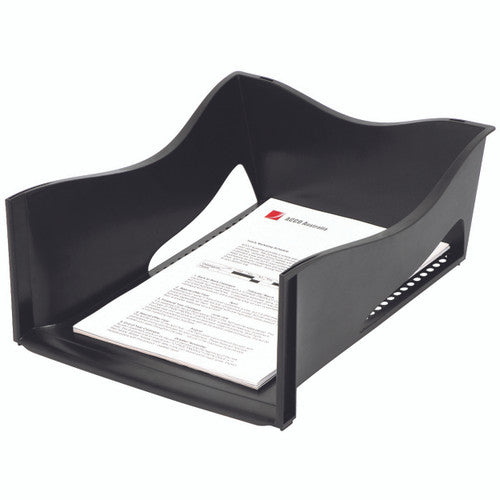 Marbig 86620 black jumbo document tray with high curved side walls and a cut away front, holding a stack of printed pages lying flat