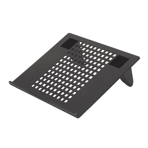 Marbig 86670 black laptop riser, a sloped platform with a grid of rectangular holes, two pads near the top corners and a lip along the front edge