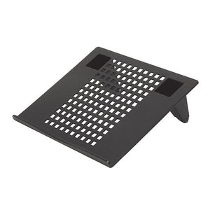 Marbig 86670 black laptop riser, a sloped platform with a grid of rectangular holes, two pads near the top corners and a lip along the front edge