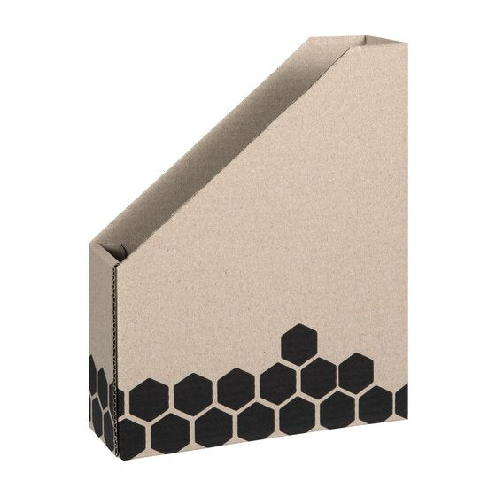 Marbig 80050 Enviro magazine box assembled in brown board, sloping cut away side and a band of black hexagons around the base