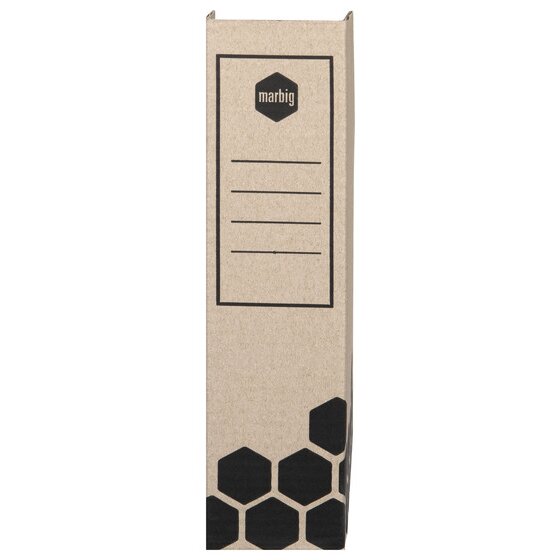 Narrow spine of the Marbig Enviro magazine box showing the Marbig logo, a ruled label panel and black hexagon print below