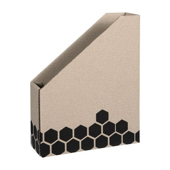 Marbig 80040 Enviro Merkur box assembled, brown board with a sloping cut away side and black hexagon print along the base