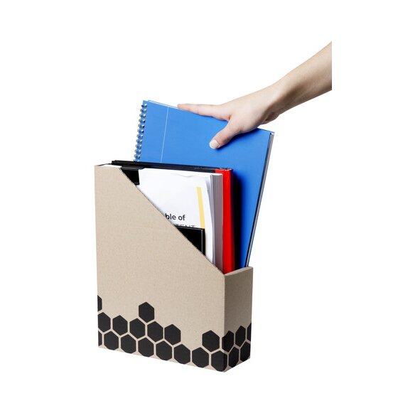 Hand placing a blue notebook into a Marbig Enviro Merkur box already holding black and red folders and printed papers