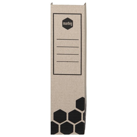 Spine view of the Marbig Enviro Merkur box with the Marbig logo and a ruled label panel above the black hexagon print