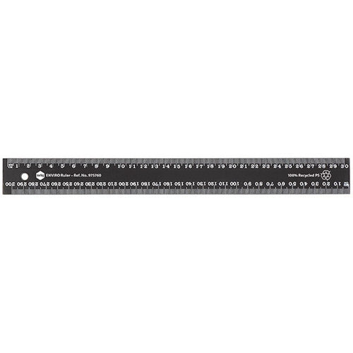 Black Marbig Enviro 975760 30cm ruler with white centimetre and millimetre markings, a round hang hole and ENVIRO Ruler printed near one end