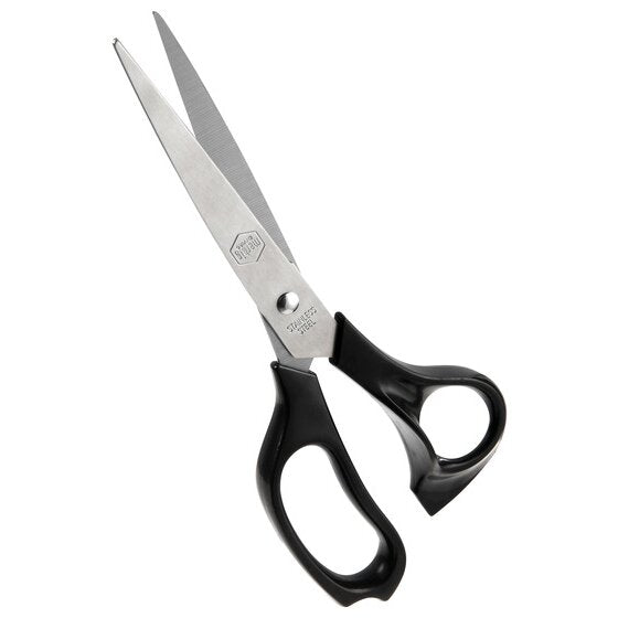 Marbig 975477 Enviro 215mm scissors with straight stainless steel blades and black plastic handles, larger loop shaped with a finger rest