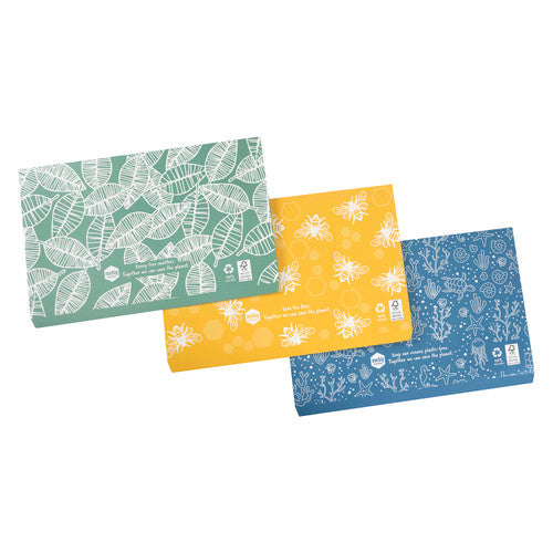 Green, yellow and blue Marbig Enviro Slimpick wallets seen from the back, printed all over in leaf, bee and sea life patterns