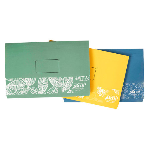 Stack of green, yellow and blue Marbig Enviro Slimpick wallets with the green wallet on top
