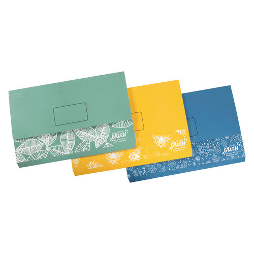 Three Marbig Enviro Slimpick document wallets overlapping, sage green with a leaf band, yellow with a bee band and blue with a sea life band