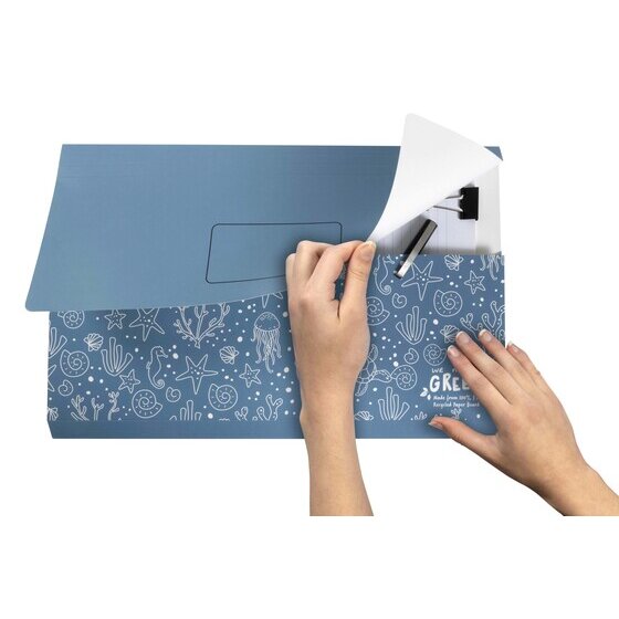 Hands sliding clipped papers into a blue Marbig Enviro Slimpick wallet with the flap folded back