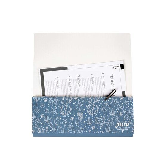 Open blue Marbig Enviro Slimpick wallet with clipped documents standing inside the gusset