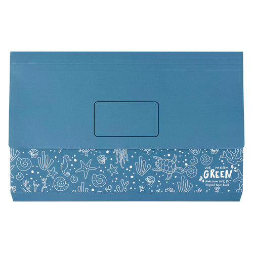 Marbig Enviro Slimpick wallet in blue with white shells, starfish and coral printed along the bottom edge and a name panel on the flap
